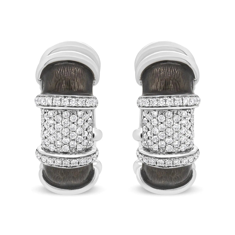 18K White Gold Flash Plated .925 Sterling Silver Clear Graphite Grey Enamel 5/8 Cttw Round Diamonds Huggie Hoop Earrings (F-G Color, VS1-VS2 Clarity)