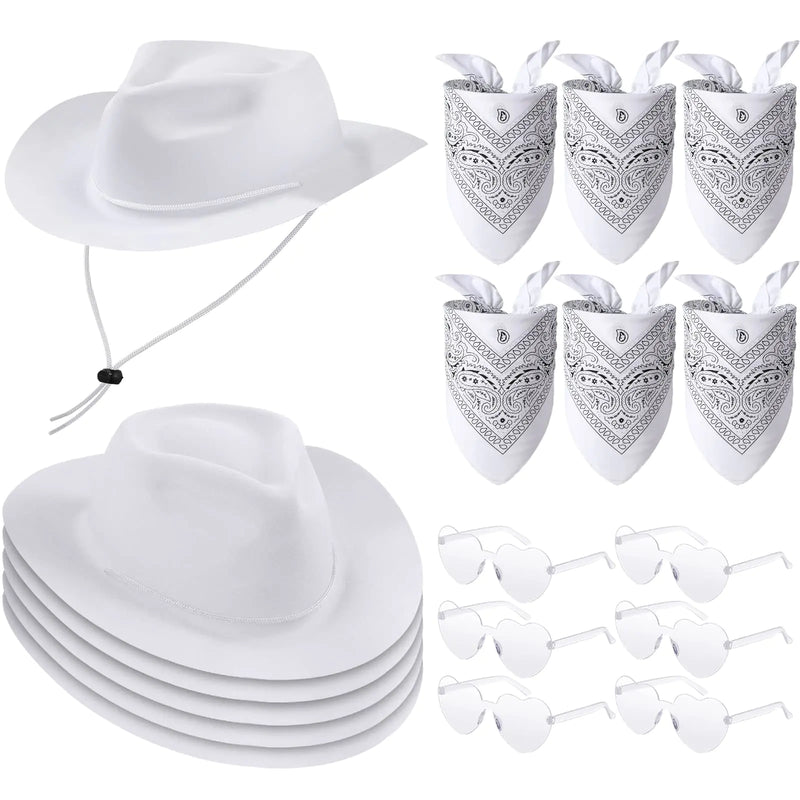 Newcotte 18 Pcs Western Cowboy Plastic Hat Set Include 6 Hats 6 Paisley Bandanas 6 Pairs Heart Style Glasses for Party(White)
