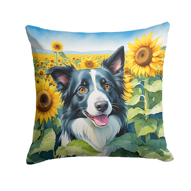 Border Collie in Sunflowers Throw Pillow