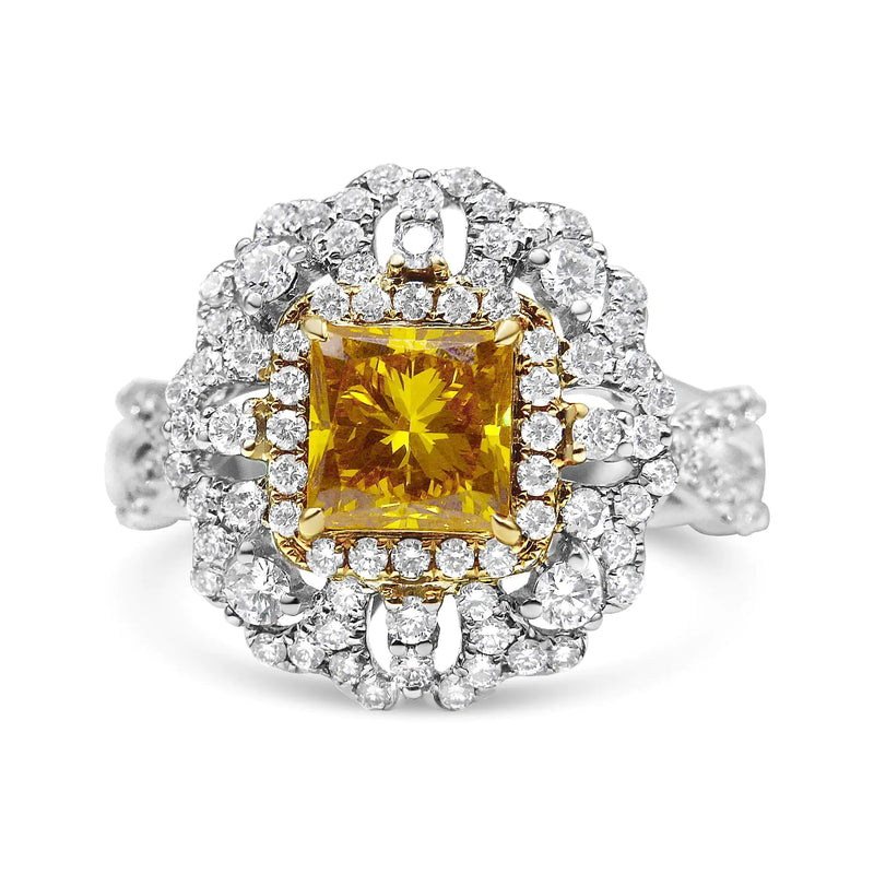 18K Yellow and White Gold 2.35 Cttw Yellow Princess Lab Grown Center Diamond Cluster Halo Cocktail Ring (Yellow/G-H Color, VS1-VS2 Clarity)