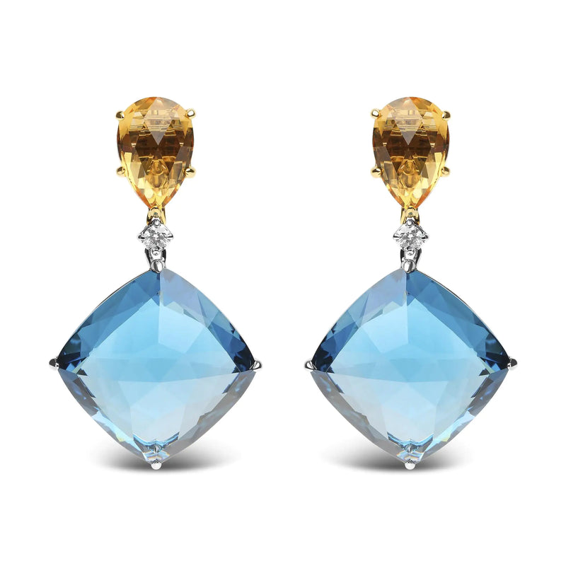 18K White and Yellow Gold 1/6 Cttw Diamond with Pear Cut Yellow Citrine and 20mm Cushion Cut Blue Topaz Gemstone Dangle Earrings (G-H Color, SI1-SI2 Clarity)