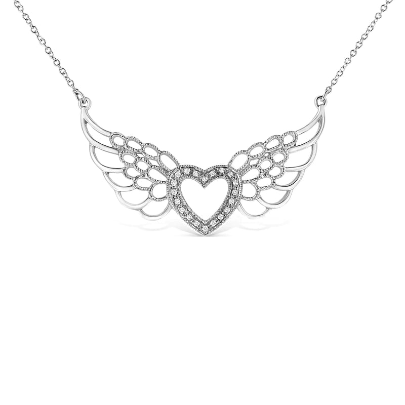 .925 Sterling Silver Pave-Set Diamond Accent Fairy Wing 18" Heart Pendant Necklace (I-J Color, I1-I2 Clarity)