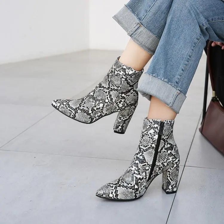 Snake Print Thick Heel Ankle Martin Boots