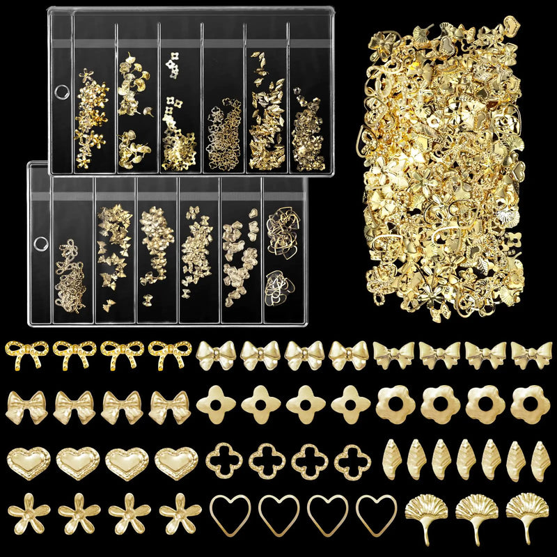 Gold Nail Studs Metal Rivet Nail Charms Multi Shapes Bows Flowers Heart Leaf Golden Nail Art Charms Gold Rivet Nail Art Studs Luxury Nail Art Jewelry Decoration for Nail Art DIY