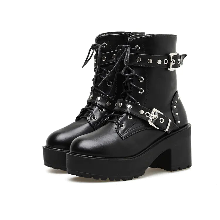 Rivet Belt Buckle Lace-Up Chunky Heel Waterproof Boots