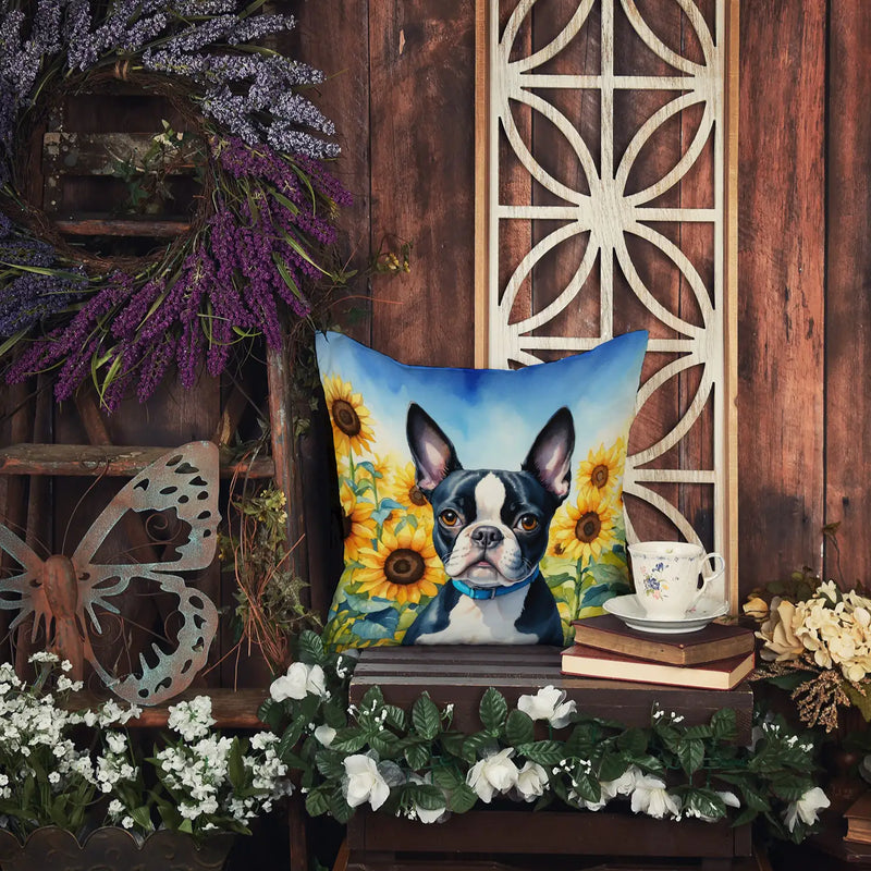 Boston Terrier in Sunflowers Throw Pillow