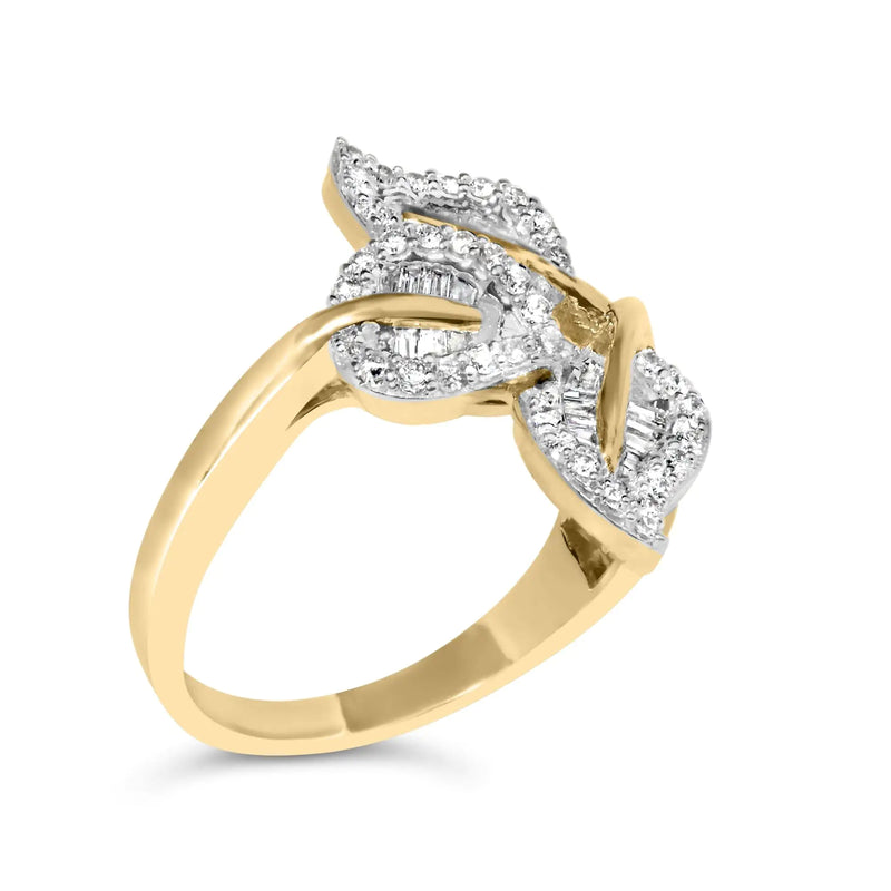 18K Yellow Gold Plated .925 Sterling Silver 1/2 Cttw Baguette and Round Diamond Bypass Triple Leaf Ring (I-J Color, I1-I2 Clarity)