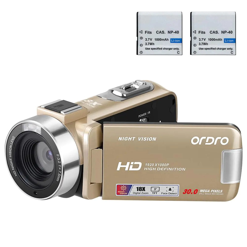 ORDRO Video Camera Camcorder Digital Camera Recorder Full HD 1080P 30FPS 30MP 3.0 Inch 270 Degree Rotation LCD 18X Digital Zoom with 16GB Card and 2 Batteries
