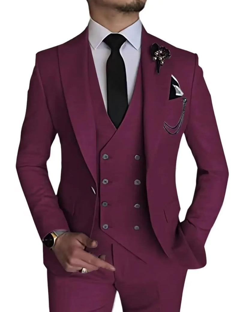 Suits for Men 3 Piece Slim Fit Classic One Button Tuxedo Elegant Men Outfits Blazer Vest Pants Set Burgundy S