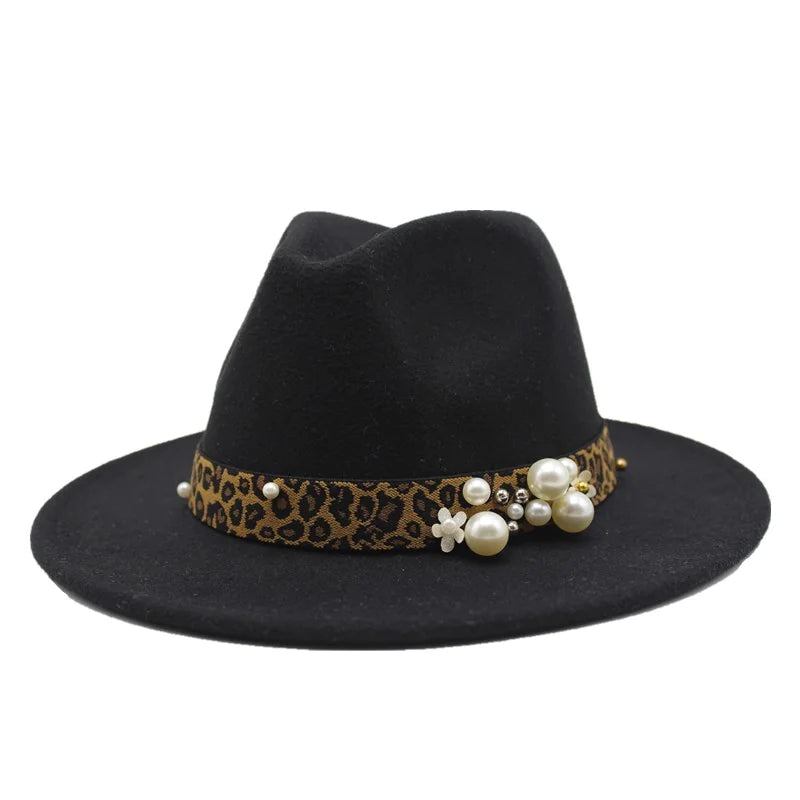 Fashion Pearl Leopard Print Wool Fedora Hat for Women