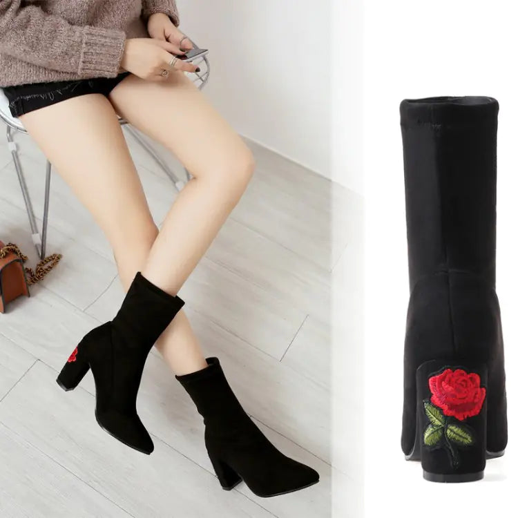 Embroidered Gray Ankle Boots with Chunky Heels for Women