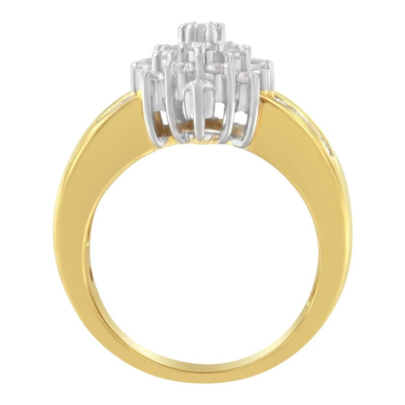 14K Yellow Gold 1.0 Cttw Round & Baguette Cut Diamond Floral Cluster Double-Channel Flared Band Cocktail Statement Ring (H-I Color, SI2-I1 Clarity)