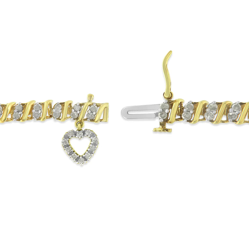 10K Yellow Gold over .925 Sterling Silver 2.0 Cttw Diamond Heart Charm 7" Link Bracelet (I-J Color, I3 Clarity)