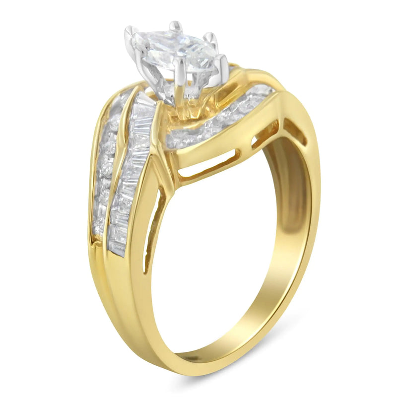 14KT Two-Toned Gold Marquise, Baguette and Round Cut Diamond Bypass Ring (1 cttw, H-I Color, SI1-SI2 Clarity) ()