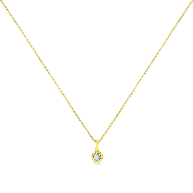 14K Yellow Gold Plated .925 Sterling Silver Brilliant Round Cut Diamond Solitaire Milgrain 18" Pendant Necklace