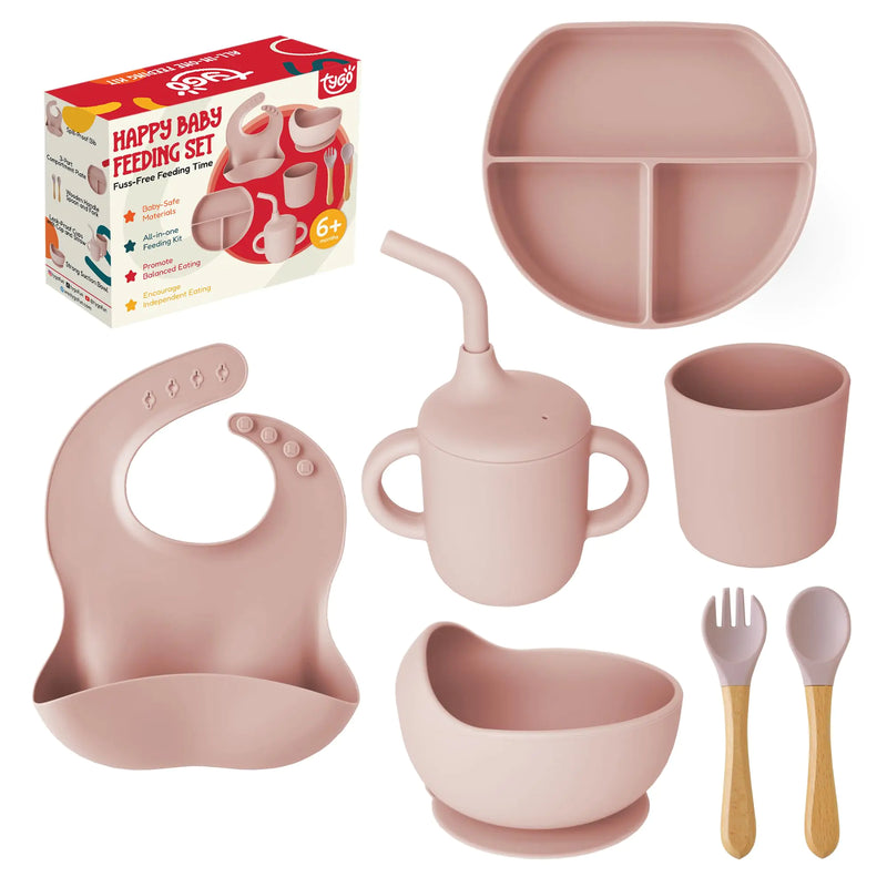 Tygo Silicone Baby Feeding Set – Complete Self-Feeding Set with Suction Plate Spill-Proof Bib Wooden Spoon & Fork Leak-Proof Cups – Encourage Independence Healthy Eating in Infants and Toddlers