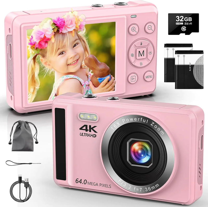 Digital Camera - 4K 64MP Digital Cameras for Photography - UHD Autofocus Point and Shoot Small Camera for Kids - Portable Compact Vlogging Camera with 16X Zoom 32GB Card 2 Batteries for Teens Beginner