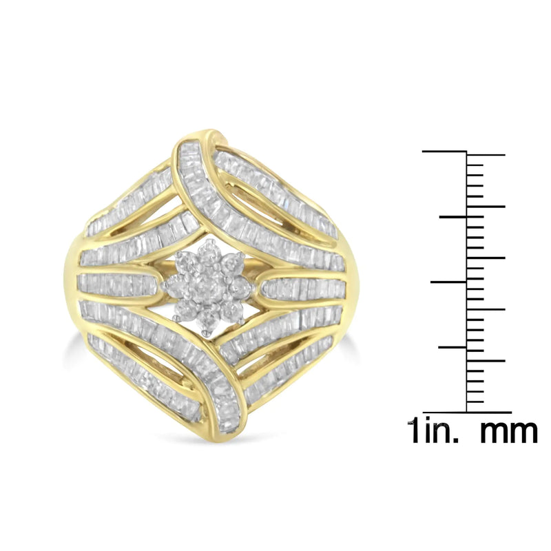 10K Yellow Gold Flashed .925 Sterling Silver 1-1/8 Cttw Round & Baguette Diamond &