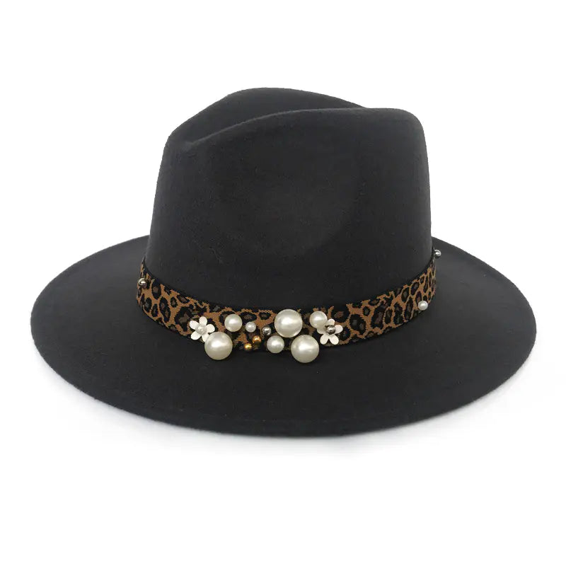 Fashion Pearl Leopard Print Wool Fedora Hat for Women