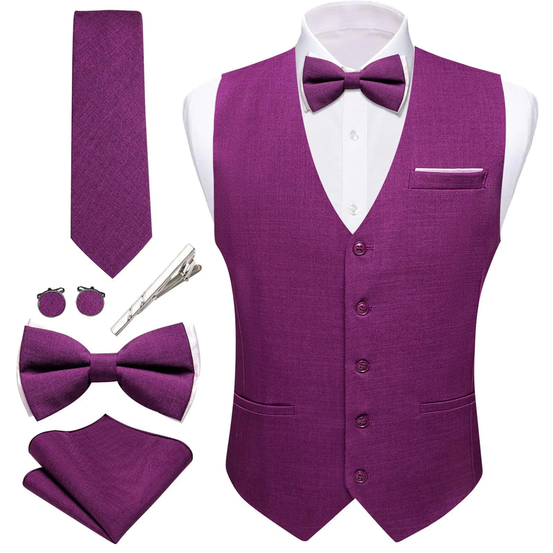 Barry.Wang Mens Purple Suit Vest Linen Formal/Casual Waistcoat Tie Bow Tie Set Wedding Party