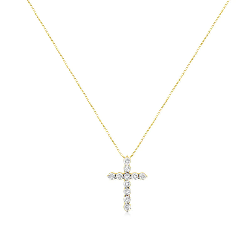 10K Yellow Gold 1.0 Cttw Round Brilliant Cut Diamond Cross Pendant Necklace with Box Chain (J-K Color, I1-I2 Clarity) - 18"