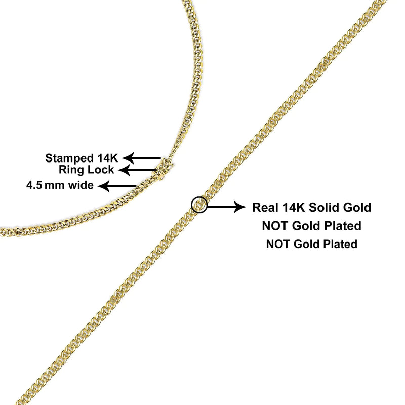 Semi-Solid 14K Yellow Gold 4.5mm Miami Cuban Chain Necklace - Unisex Chain