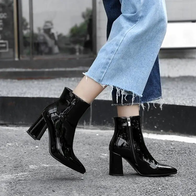 Shiny Pointed Toe Chunky Heel Ankle Boots for Women