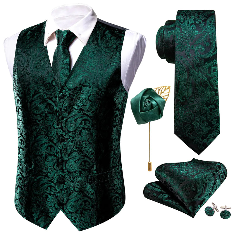 Barry.Wang Mens V-Neck Suit Vest Solid Paisley Waistcoat Silk Tie Hanky Cufflink Clip Set Wedding Party Business Formal