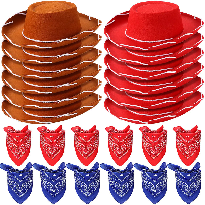24 Pieces Cowboy Hats and Bandanas for Kids Western Cowboy Costume Hat Accessories for Toddler Child Western Theme Birthday Party Supplies Halloween Costume Dress(Brown Red)
