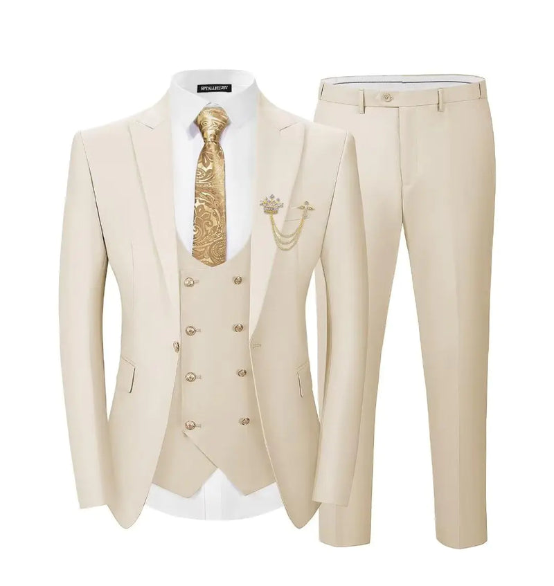 SPTALLFITJSV Beige Mens Slim Fit Suit 3-Piece Formal Business Wedding Prom Party Peak Lapel Blazer Double Breasted Christmas Tuxedo XS