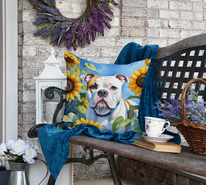 American Bulldog in Sunflowers Throw Pillow