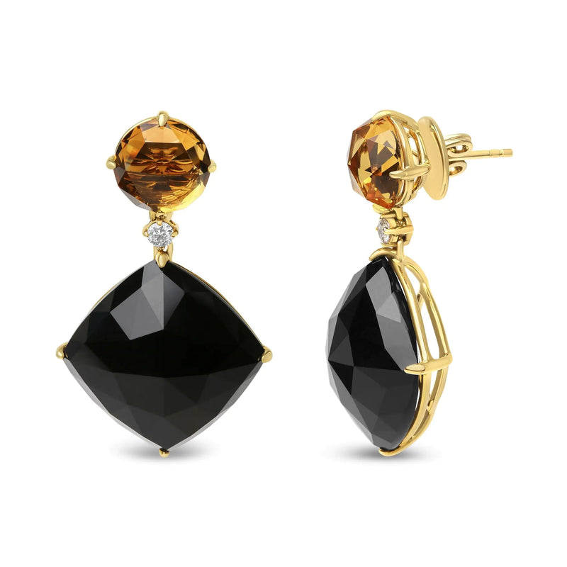 18K Yellow Gold 1/5 Cttw Diamond with Round Yellow Citrine and Cushion Cut Black Onyx Gemstone Dangle Earring (G-H Color, SI1-SI2 Clarity)