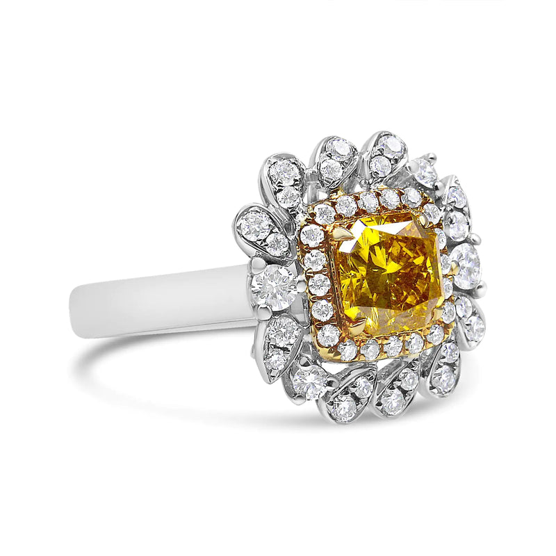 18K White and Yellow Gold 1.76 Cttw Yellow Radiant Lab Grown Center Diamond Double Halo Cocktail Ring (Yellow/G-H Color, VS1-VS2 Clarity)