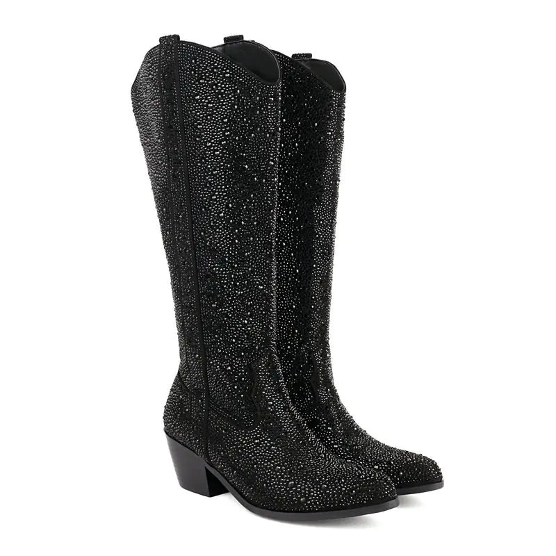Vintage Rhinestone Chunky Heel Knee-High Boots