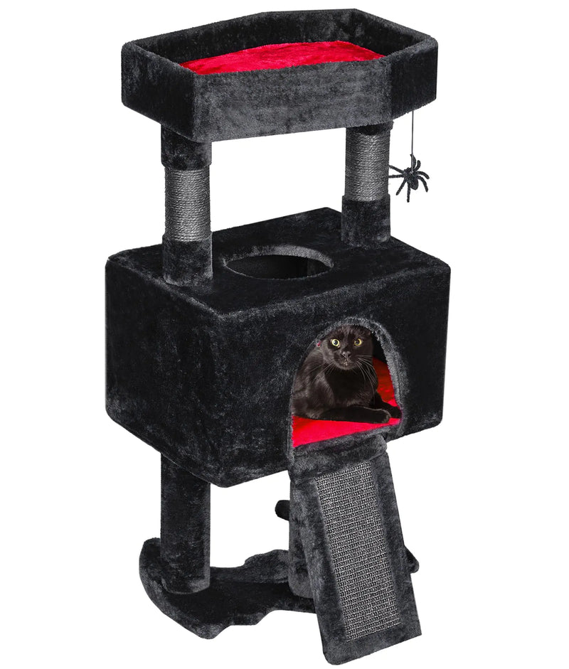 BEWISHOME Gothic Cat Tree with Coffin Cat Bed Goth Cat Tower Coffin Cat Tree with Spacious Cat Condo Soft Cushion Scratching Post Spider Hanging Ball Halloween Black Red Pet Furniture MMJ95R