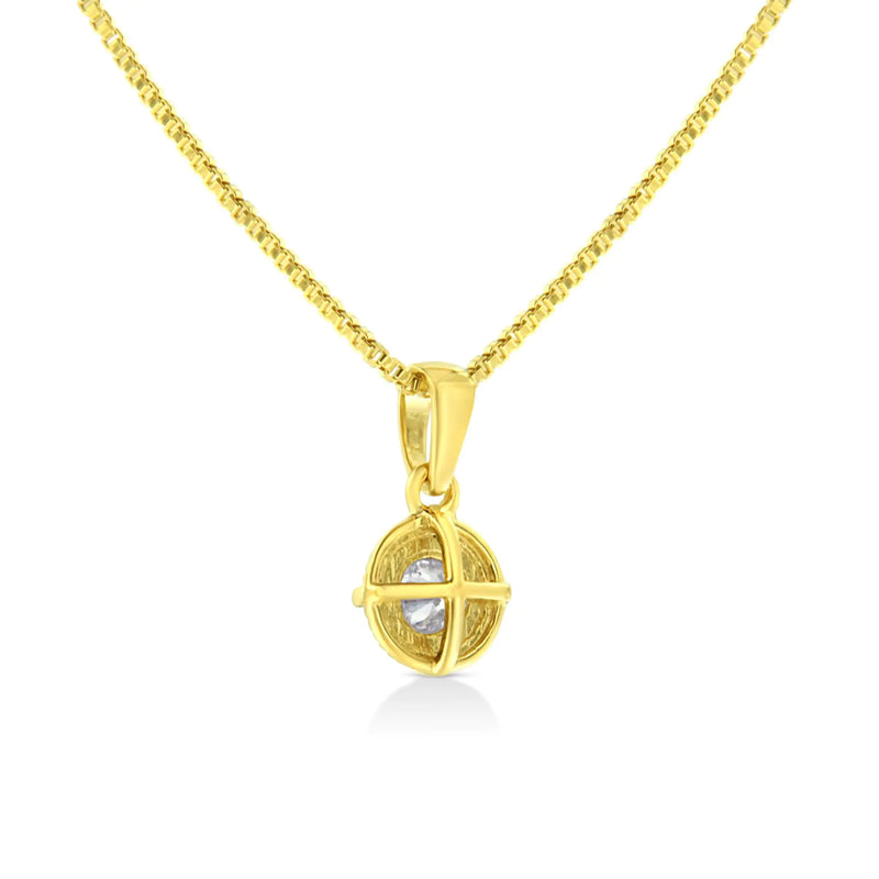 14K Yellow Gold Plated .925 Sterling Silver Brilliant Round Cut Diamond Solitaire Milgrain 18" Pendant Necklace