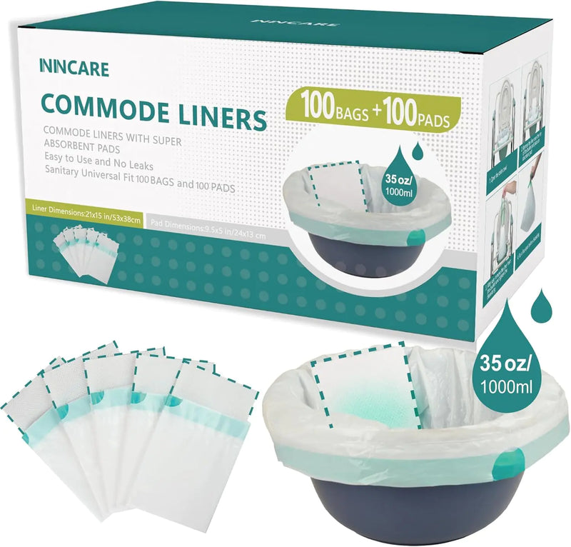 ININCARE Commode Liners with Absorbent Pads，Value Pack 100 Count Universal Fit，Disposable Bedside Commode Liners and Pads for Adult Portable Toilet (100Bags + 100Pads)