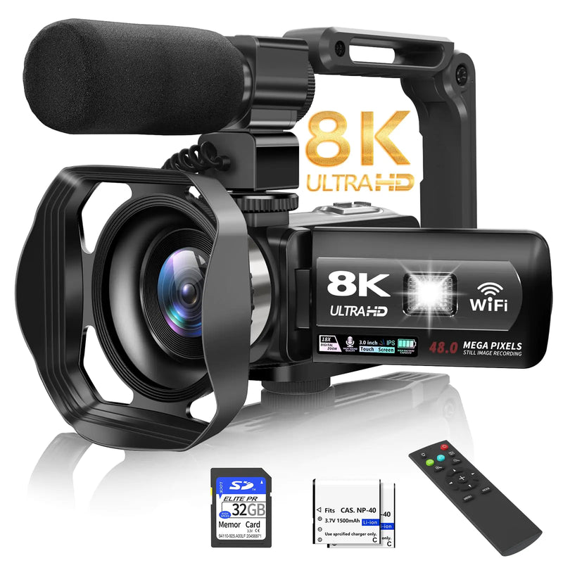 Video Camera 8K Camcorder 48MP 15FPS UHD WiFi Vlogging Camera with IR Night Vision for YouTube 3" Touch Screen 18X Digital Zoom with Fill Light Mic Stabilizer Lens Hood Remote and 2 Batteries