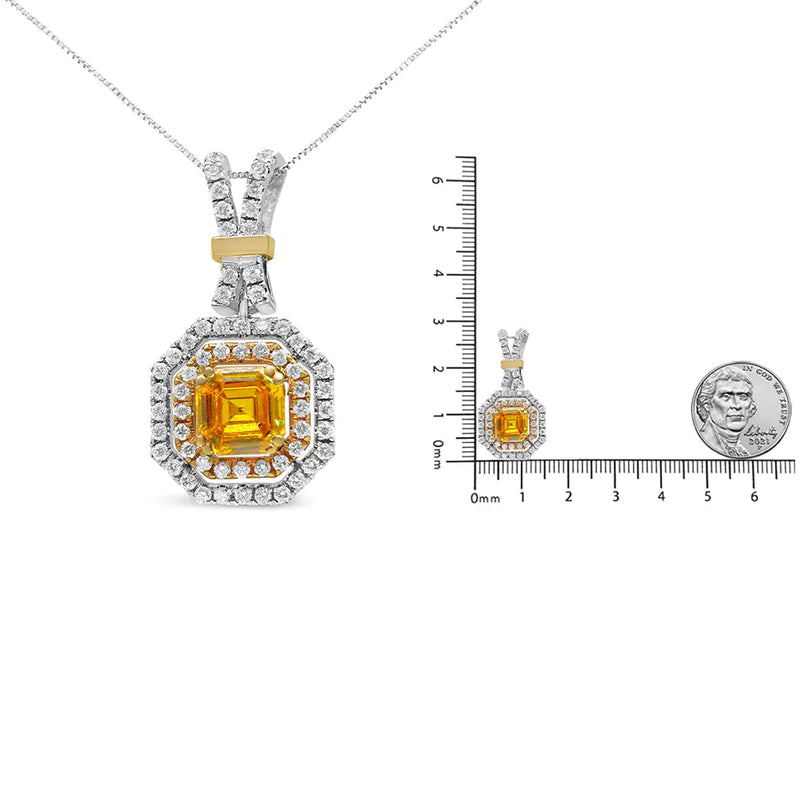 18K White and Yellow Gold 1.75 Cttw Lab Grown Treated Yellow Asscher Center Diamond Halo 18" Pendant Necklace (Yellow/G-H Color, VS1-VS2 Clarity)