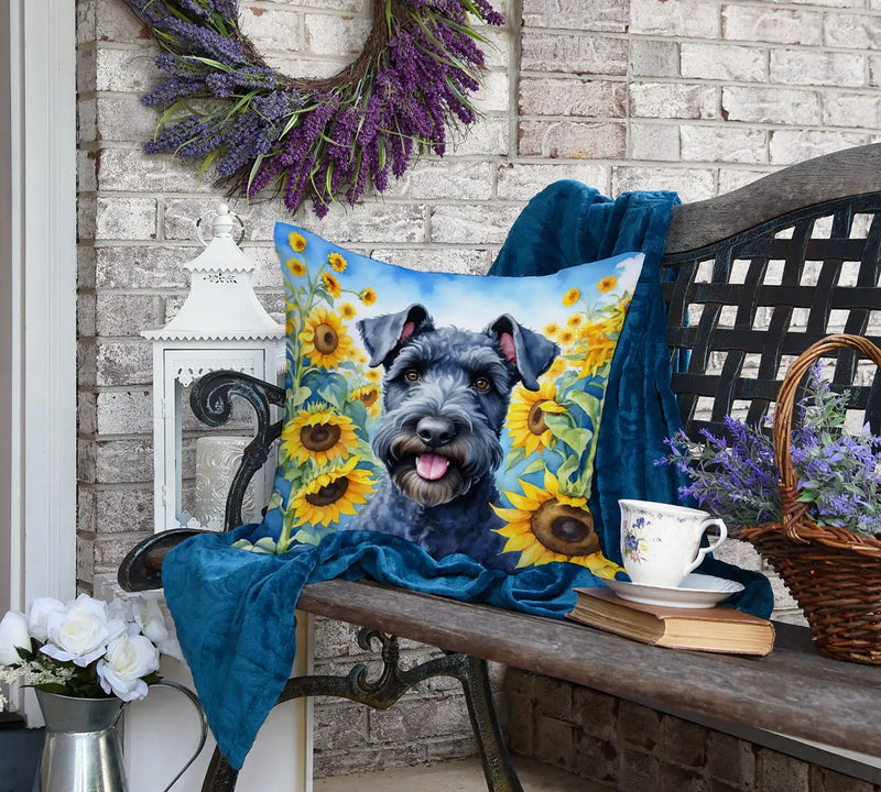 Kerry Blue Terrier in Sunflowers Throw Pillow