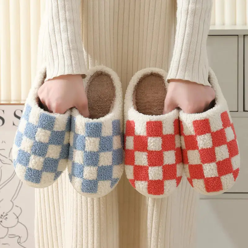 Winter Chessboard Cotton Slippers for Indoor Use