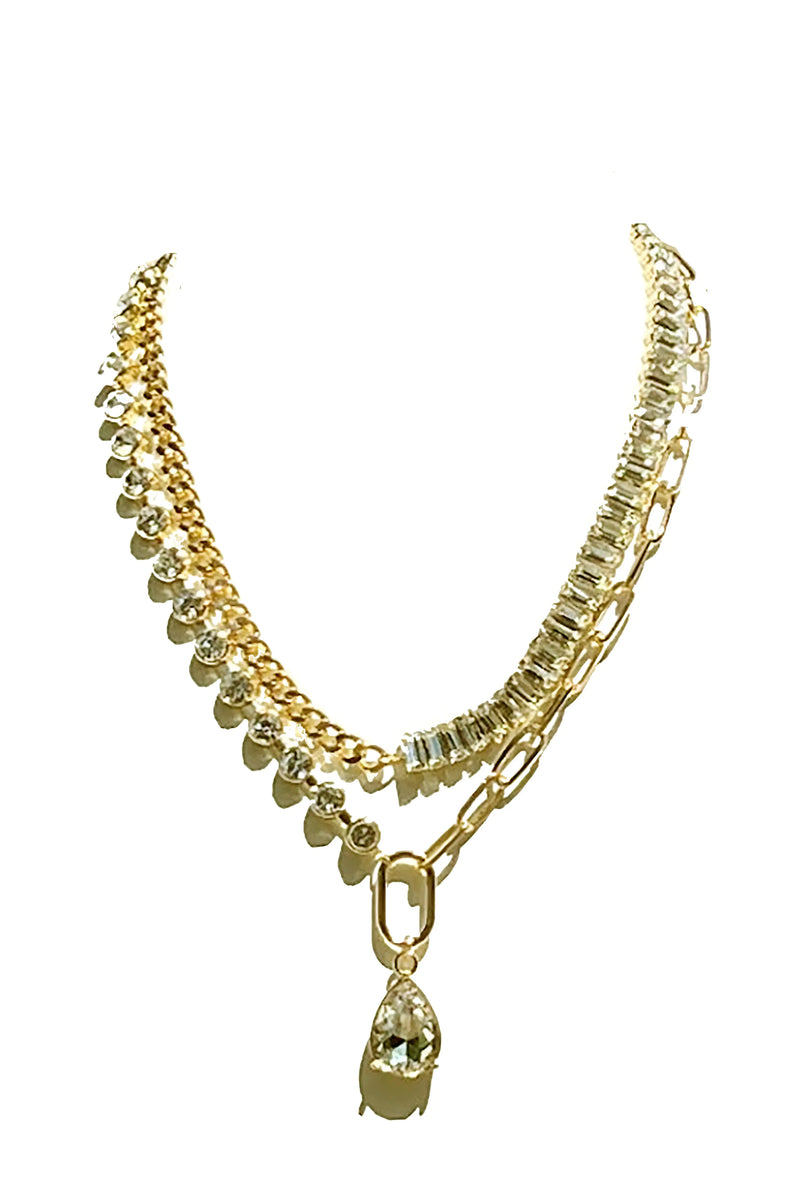 Mis-Match Layer Statement Necklace with Crystal Glass Drop, Gold Plated, 16" Top Row