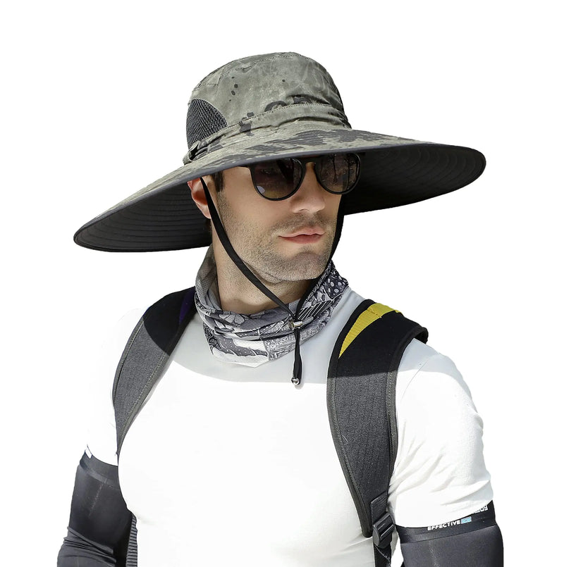 Leotruny Men Wide Brim Sun Hats UPF50+ Waterproof Breathable Bucket Hat for Fishing Hiking Camping (C06-army Green Ink)