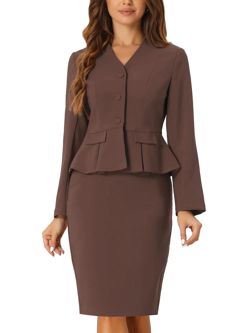 Allegra K Business Suit Sets for Womens 2 Piece Outfits Collarless Peplum Blazer Formal Pencil Skirt Suit Medium Brown