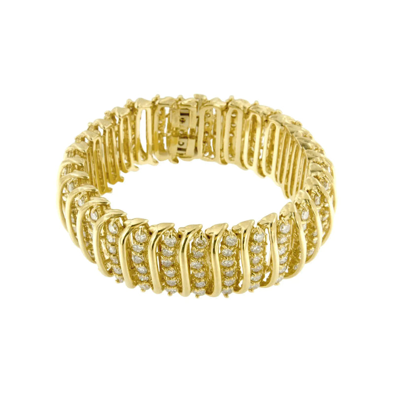 10K Yellow Gold 15.0 Cttw Diamond S Shaped Wave Link Two Tone 7” Tennis Bracelet (J-K Color, I2-I3 Clarity)