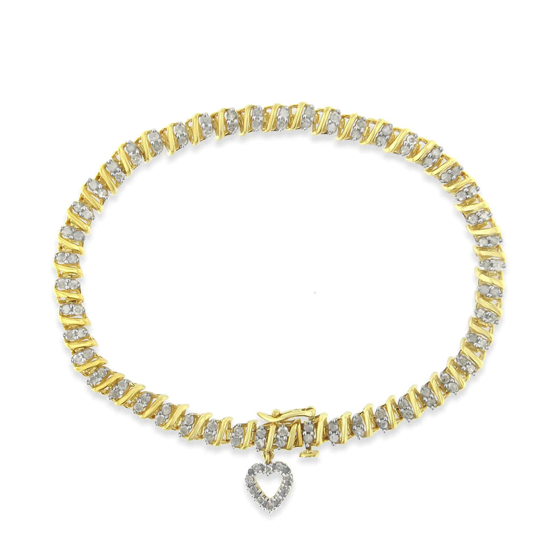 10K Yellow Gold over .925 Sterling Silver 2.0 Cttw Diamond Heart Charm 7" Link Bracelet (I-J Color, I3 Clarity)