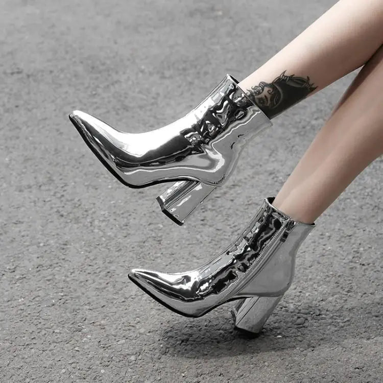 Shiny Pointed Toe Chunky Heel Ankle Boots for Women