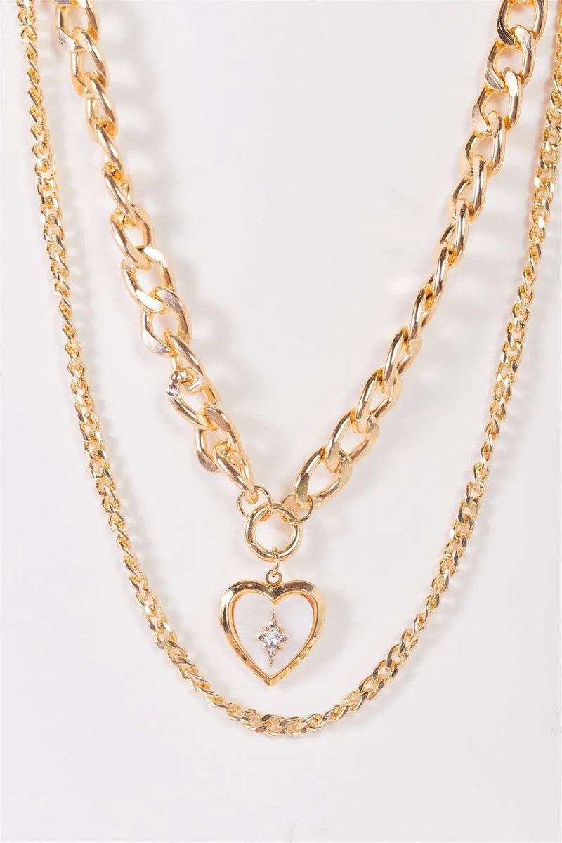 "Sailor Moon" Gold Link Chain Pearl Heart Medallion Necklace Set