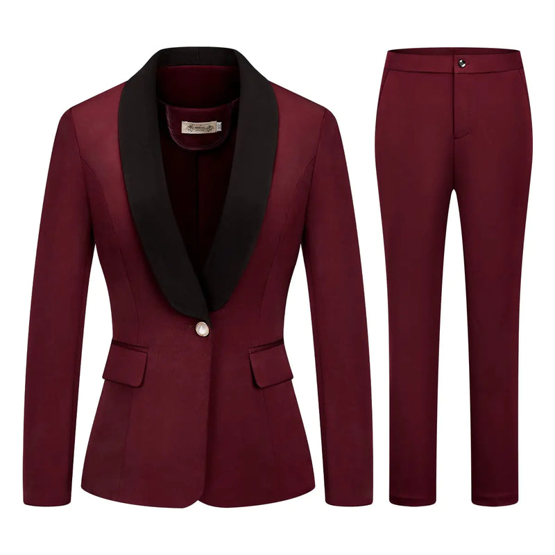 MODFUL Womens 2 Piece Business Suit Set One Button Solid Color Blazer Trouser-Suit(Wine RedSmall)