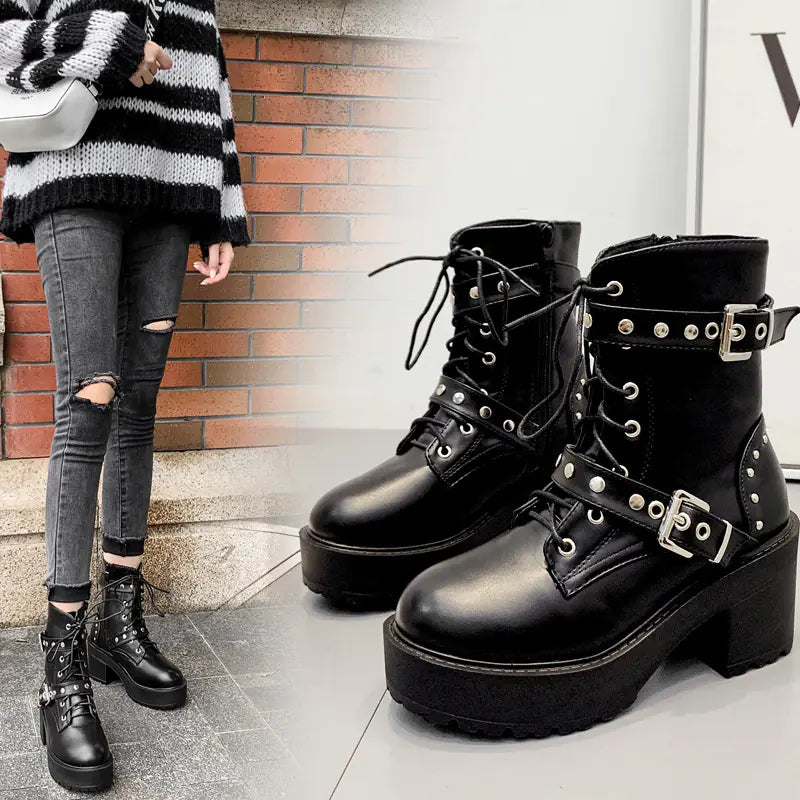 Rivet Belt Buckle Lace-Up Chunky Heel Waterproof Boots